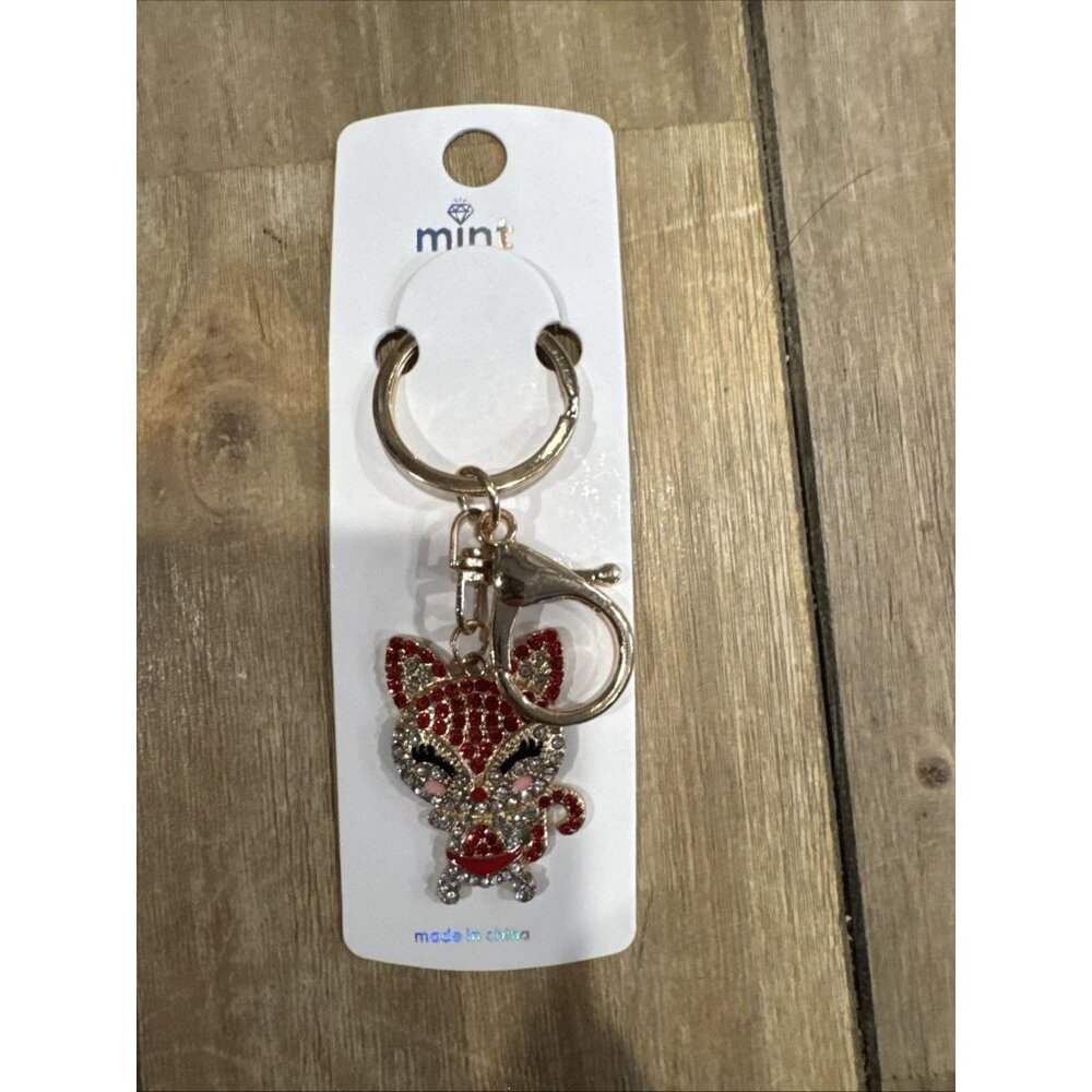 Bag Keychain Red Gold Fox Rhinestone Bag Charm Rhinestone Keyring NEW - Picture 4 of 6